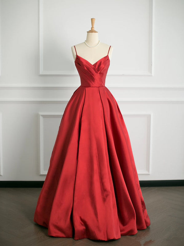 Simple Ball Gown Spaghetti Straps Red Satin Prom Dresses Party Evening Dress