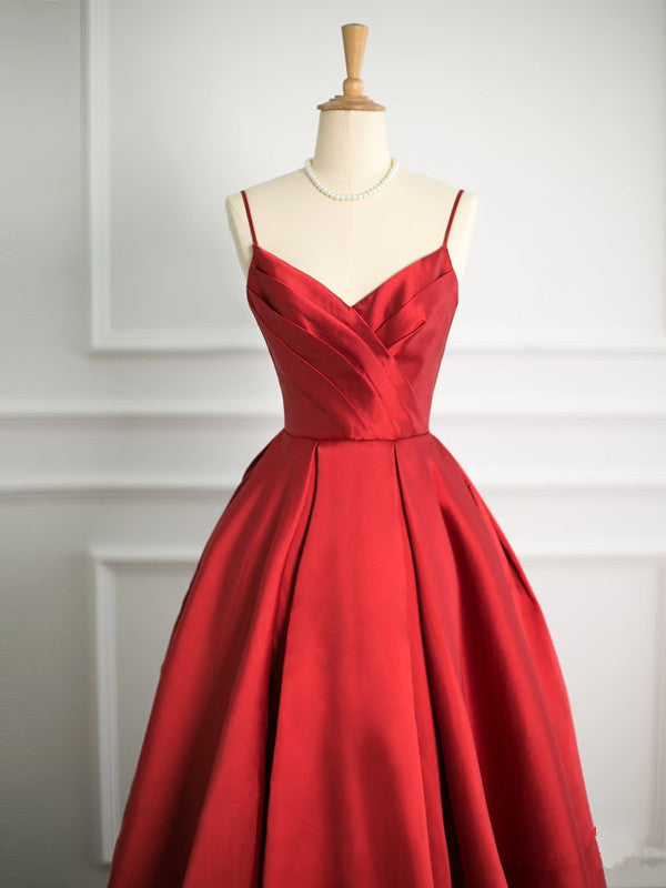 Simple Ball Gown Spaghetti Straps Red Satin Prom Dresses Party Evening Dress