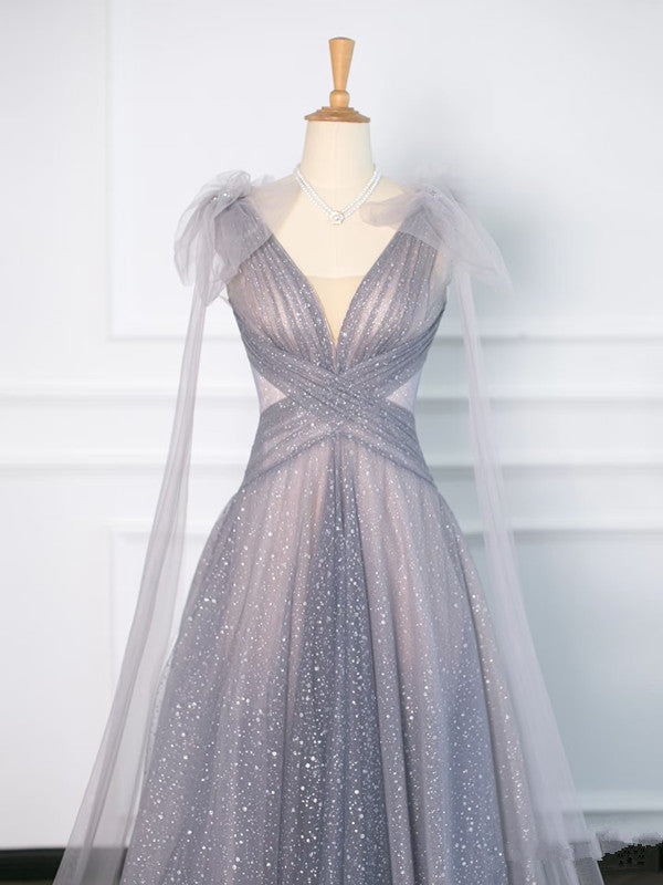 Simple A Line Spaghetti Straps Tulle Gray Prom Dresses Party Evening Dress