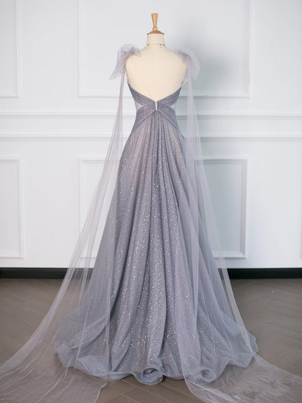 Simple A Line Spaghetti Straps Tulle Gray Prom Dresses Party Evening Dress