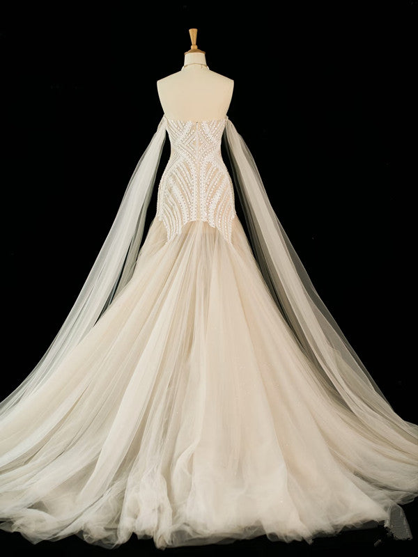 Vintage Mermaid Off The Shoulder Tulle Champagne Wedding Dresses With Pearls