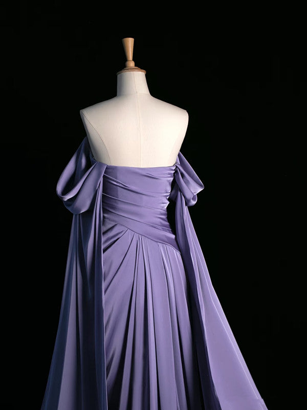 Pretty A Line Off The Shoulder Grape Satin Long Prom Dresses Party Evening Dress