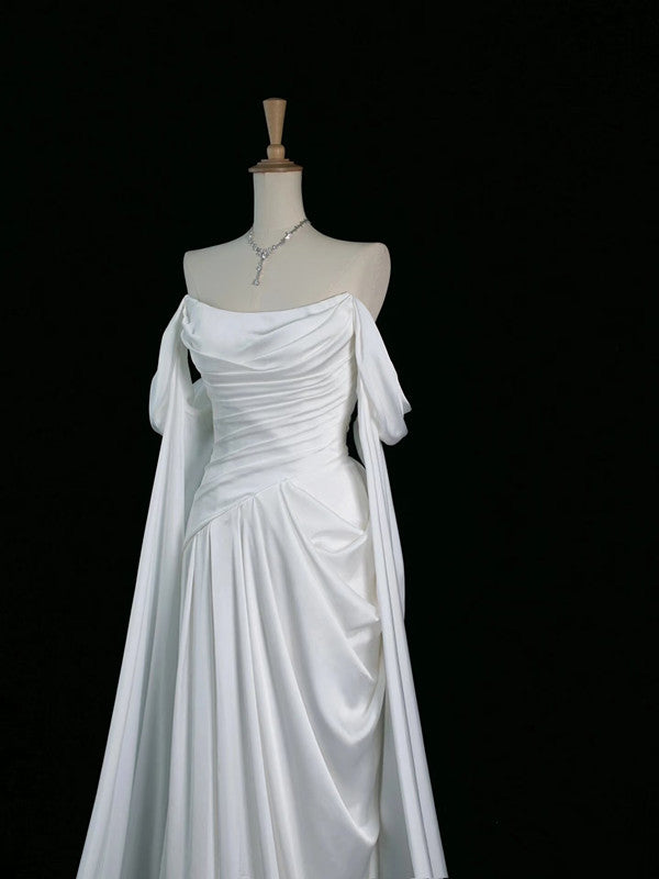 Pretty A Line Off The Shoulder White Satin Long Prom Dresses Party Evening Dress