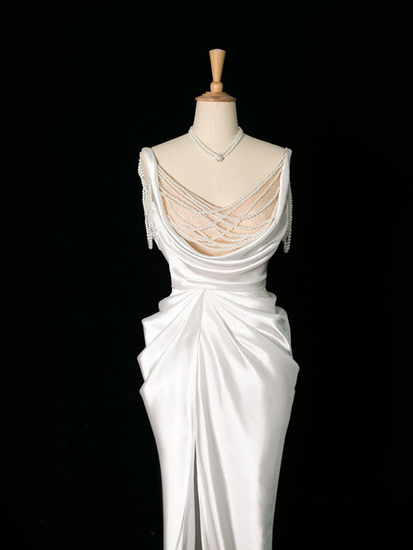 Vintage Mermaid Jewel Neckline White Satin Slit Wedding Dresses With Pearls