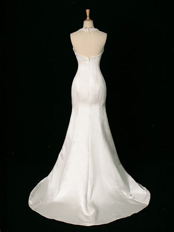 Luxury Mermaid Halter Sleeveless White Satin Wedding Dresses With Pearls