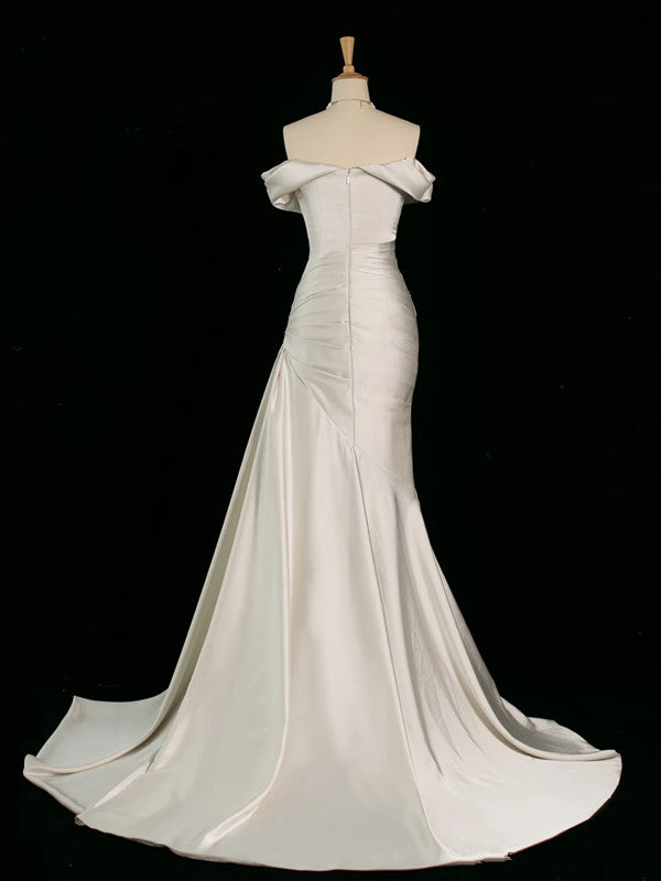 Classy Mermaid Off The Shoulder Ivory Satin Wedding Dresses With Ruffles