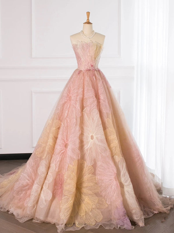 Pretty Ball Gown Sweetheart Floral Tulle Long Prom Dresses Party Gown Evening Dress