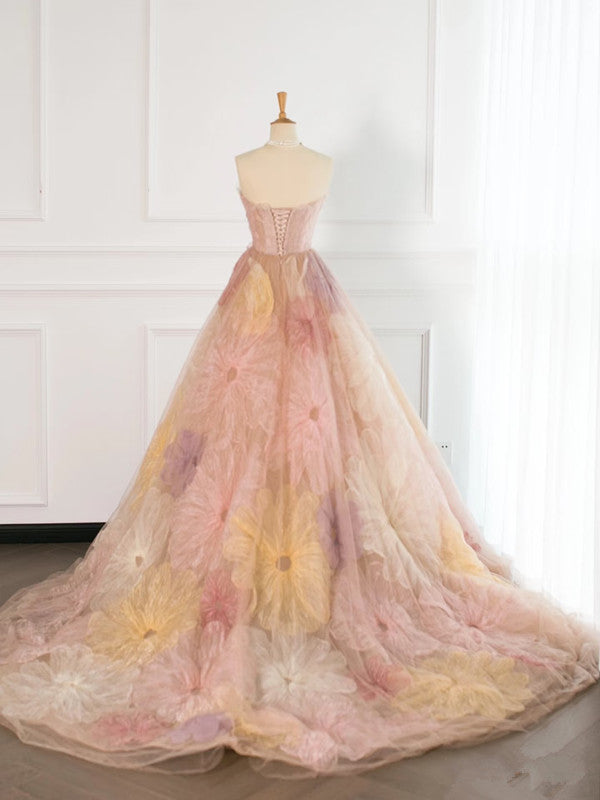 Pretty Ball Gown Sweetheart Floral Tulle Long Prom Dresses Party Gown Evening Dress