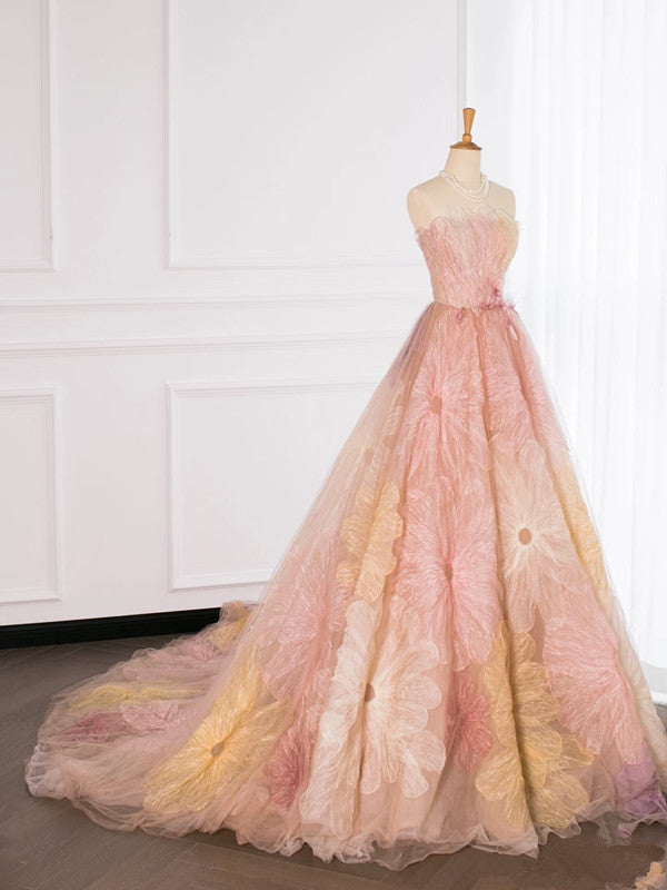 Pretty Ball Gown Sweetheart Floral Tulle Long Prom Dresses Party Gown Evening Dress
