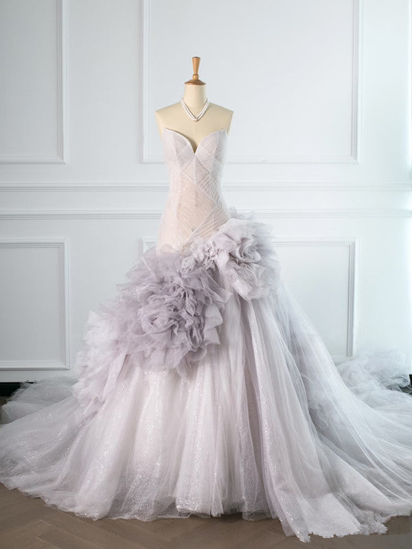 Pretty Mermaid Strapless Lilac Tulle Long Prom Dresses Party Gown Evening Dress