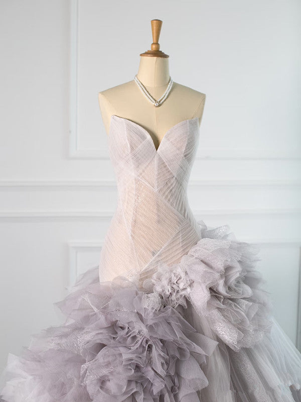 Pretty Mermaid Strapless Lilac Tulle Long Prom Dresses Party Gown Evening Dress