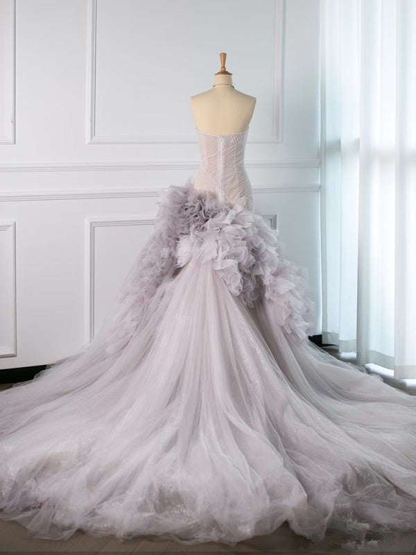 Pretty Mermaid Strapless Lilac Tulle Long Prom Dresses Party Gown Evening Dress