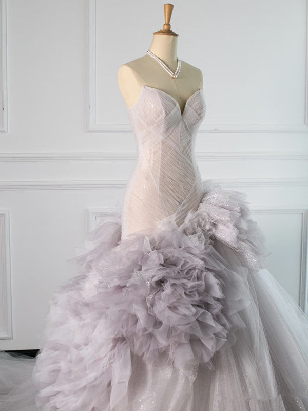 Pretty Mermaid Strapless Lilac Tulle Long Prom Dresses Party Gown Evening Dress
