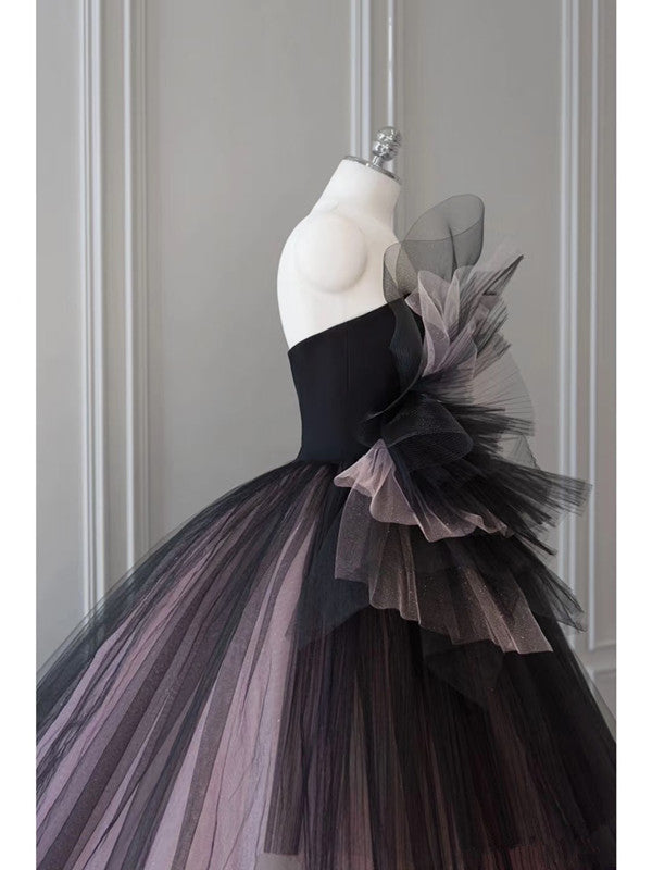 Pretty Ball Gown Strapless Black Tulle Long Prom Dresses Party Gown Evening Dress