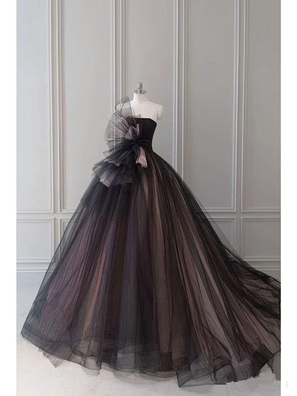 Pretty Ball Gown Strapless Black Tulle Long Prom Dresses Party Gown Evening Dress