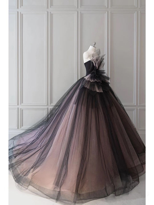 Pretty Ball Gown Strapless Black Tulle Long Prom Dresses Party Gown Evening Dress