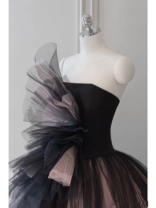 Pretty Ball Gown Strapless Black Tulle Long Prom Dresses Party Gown Evening Dress