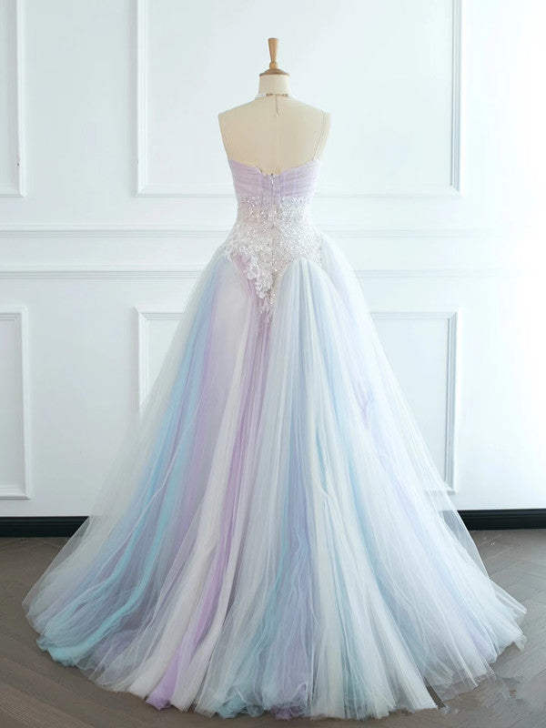 Pretty Ball Gown Spaghetti Straps Tulle Long Prom Dresses Party Gown Evening Dress