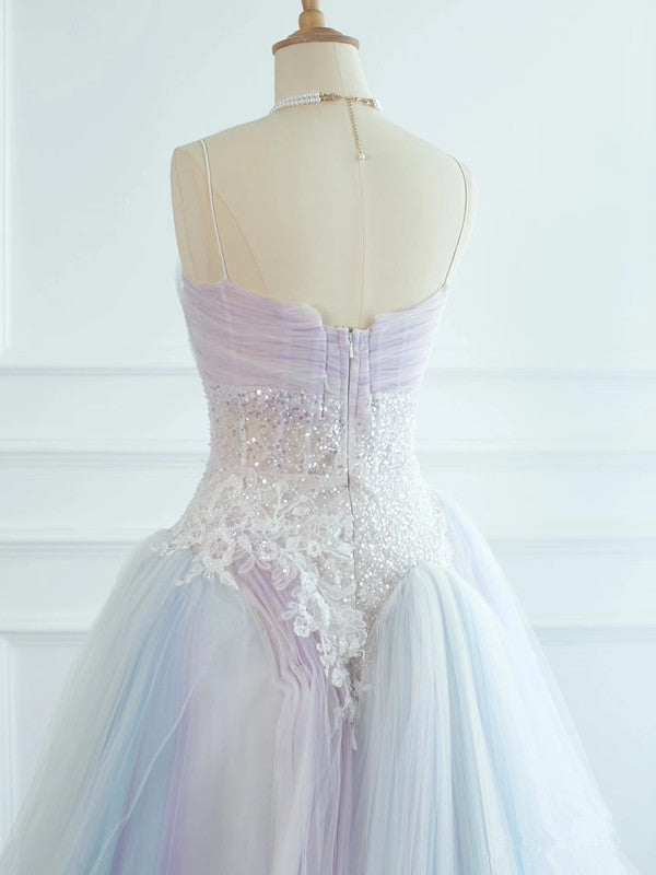 Pretty Ball Gown Spaghetti Straps Tulle Long Prom Dresses Party Gown Evening Dress