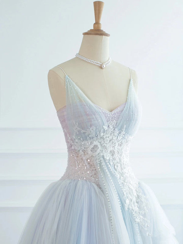 Pretty Ball Gown Spaghetti Straps Tulle Long Prom Dresses Party Gown Evening Dress