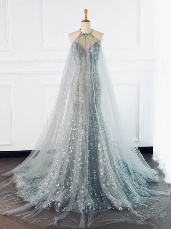 Pretty Mermaid High Neckline Sequin Long Prom Dresses Party Gown Evening Dress