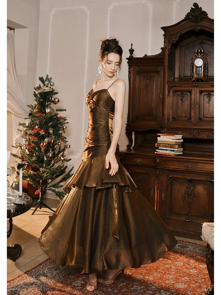 Pretty Mermaid Spaghetti Straps Brown Long Prom Dresses Party Evening Dress
