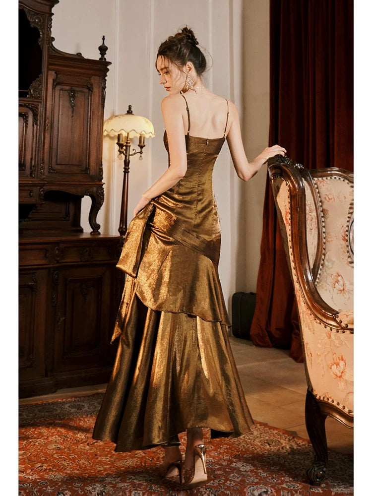 Pretty Mermaid Spaghetti Straps Brown Long Prom Dresses Party Evening Dress
