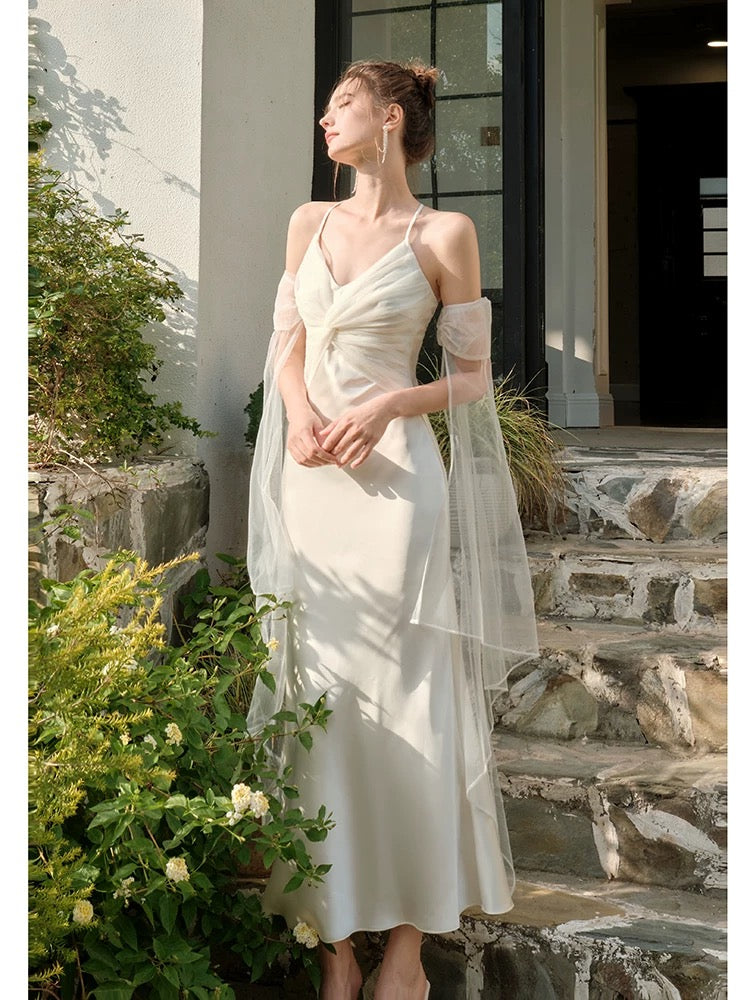 Pretty Mermaid Spaghetti Straps White Long Prom Dresses Party Evening Dress