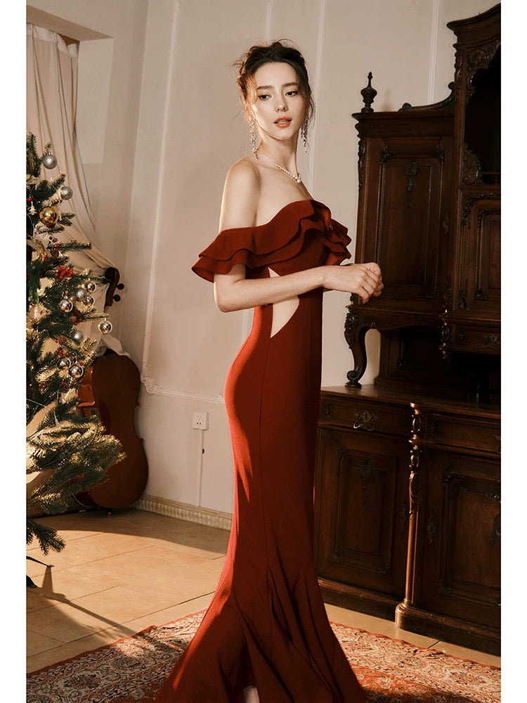Pretty Mermaid Off The Shoulder Burgundy Satin Long Prom Dresses Party Evening Dress