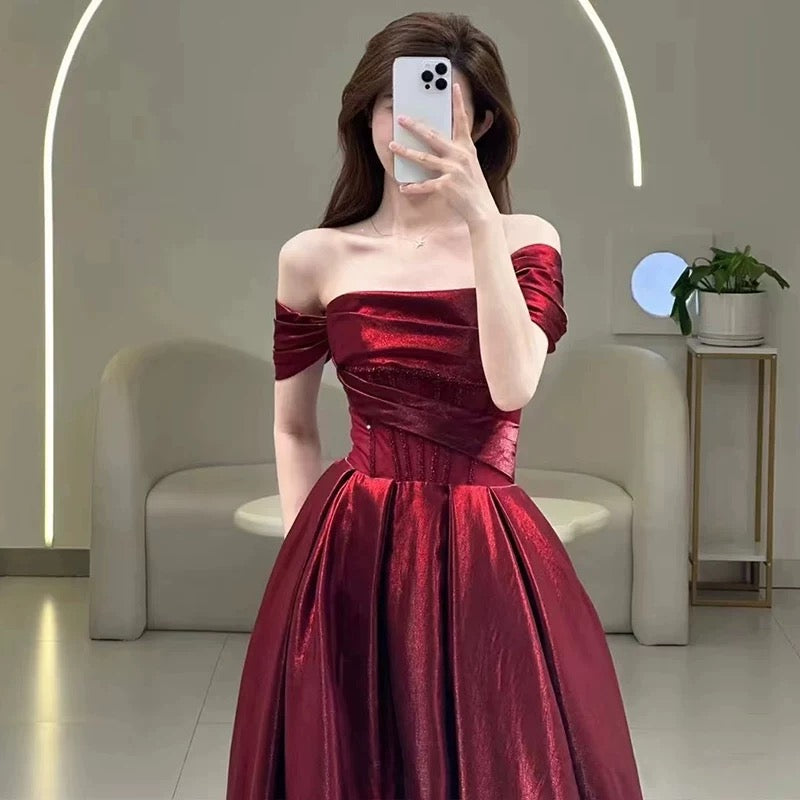 Pretty A line Off The Shoulder Burgundy Satin Long Prom Dresses Party Evening Dress
