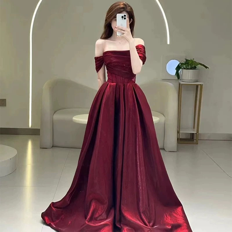 Pretty A line Off The Shoulder Burgundy Satin Long Prom Dresses Party Evening Dress