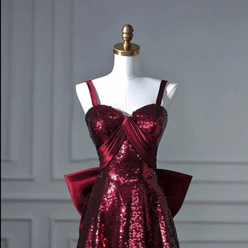Pretty A line Spaghetti Straps Burgundy Sequin Long Prom Dresses Party Evening Dress