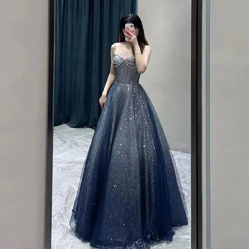 Pretty Ball Gown Spaghetti Straps Navy Blue Long Prom Dresses Party Evening Dress