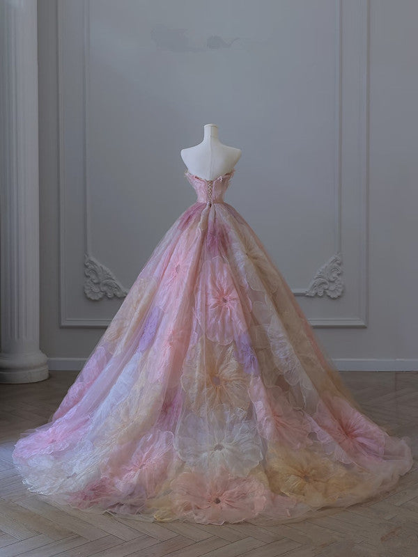 Pretty Ball Gown Sweetheart Floral Tulle Long Prom Dresses Party Gown Evening Dress