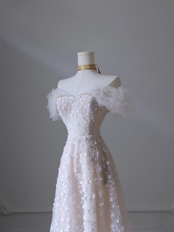 Pretty A Line Off The Shoulder White Tulle Floral Long Prom Dresses Party Evening Dress