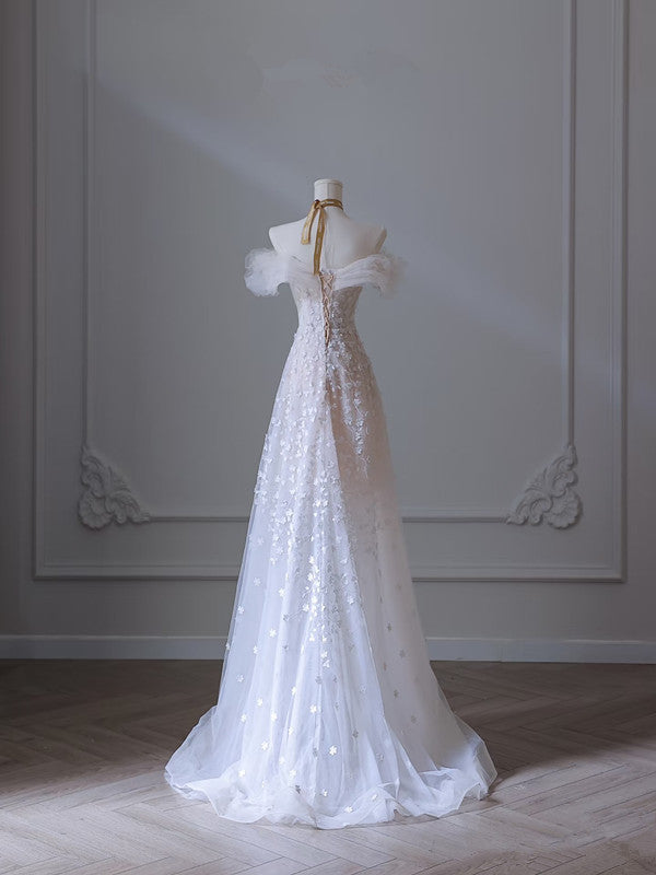 Pretty A Line Off The Shoulder White Tulle Floral Long Prom Dresses Party Evening Dress