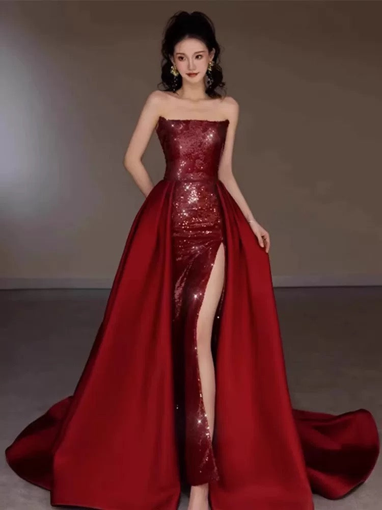 Sexy Mermaid Red Sleeveless Long Sequin Slit Prom Dress Evening Dresses