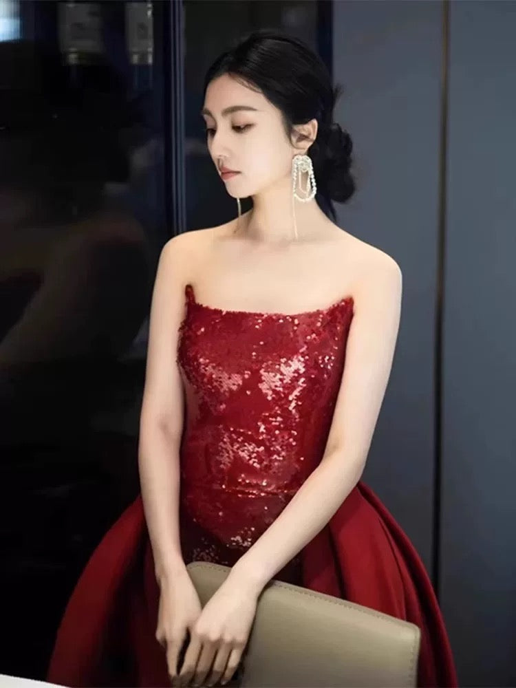 Sexy Mermaid Red Sleeveless Long Sequin Slit Prom Dress Evening Dresses
