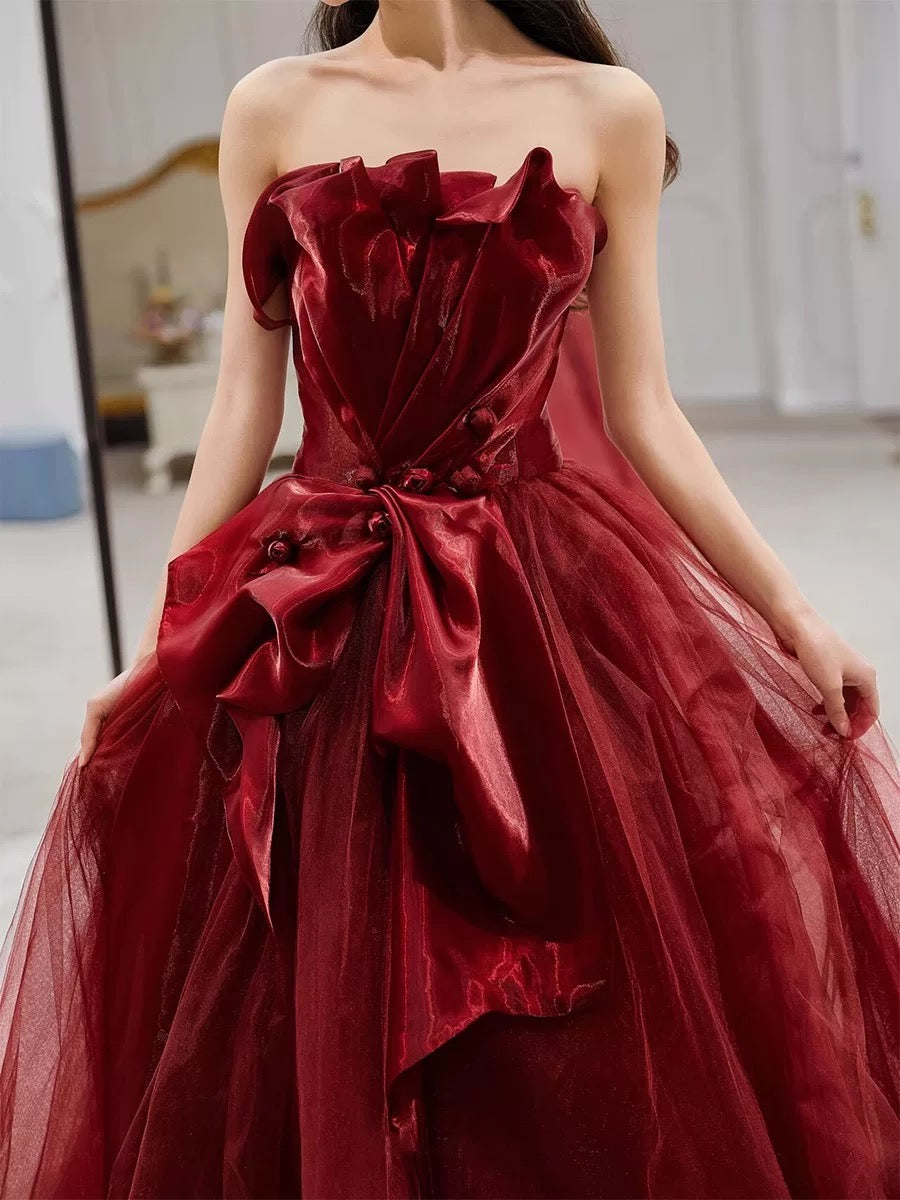 Pretty A line Strapless Burgundy Tulle Long Prom Dresses Party Evening Dress