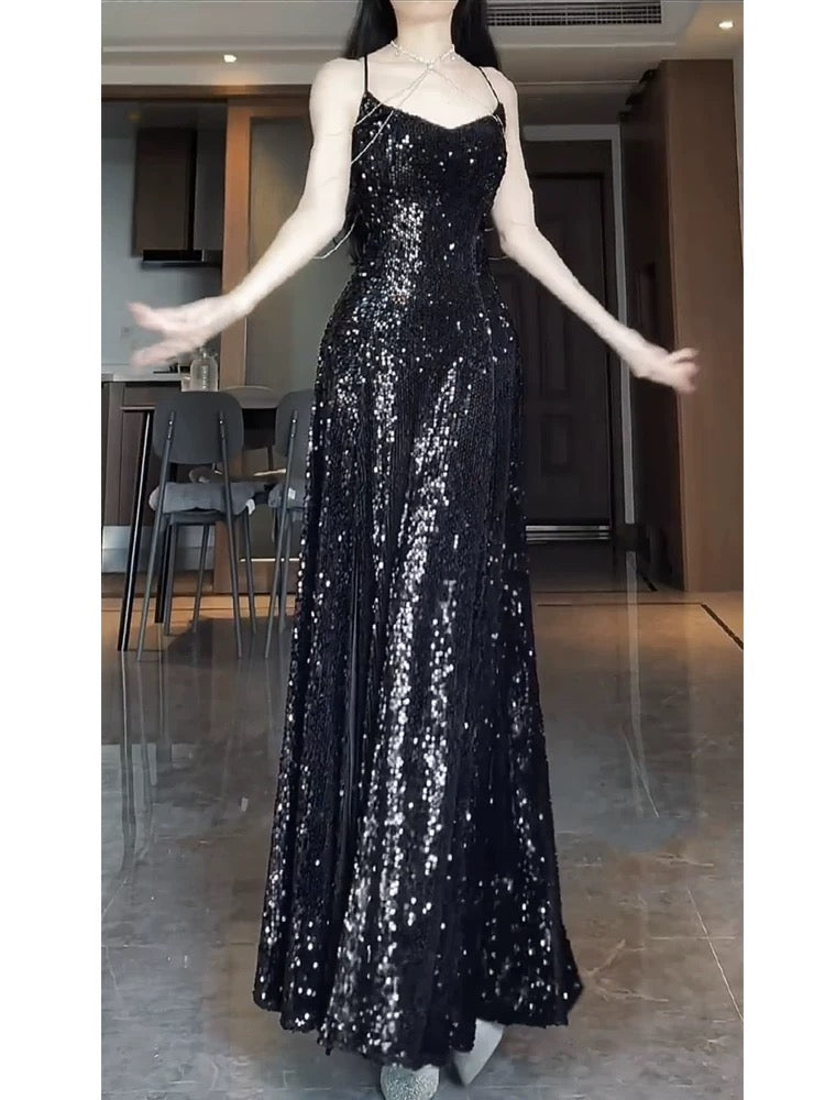 Pretty Sheath Spaghetti Straps Sequin Black Slit Long Prom Dresses Party Evening Dress