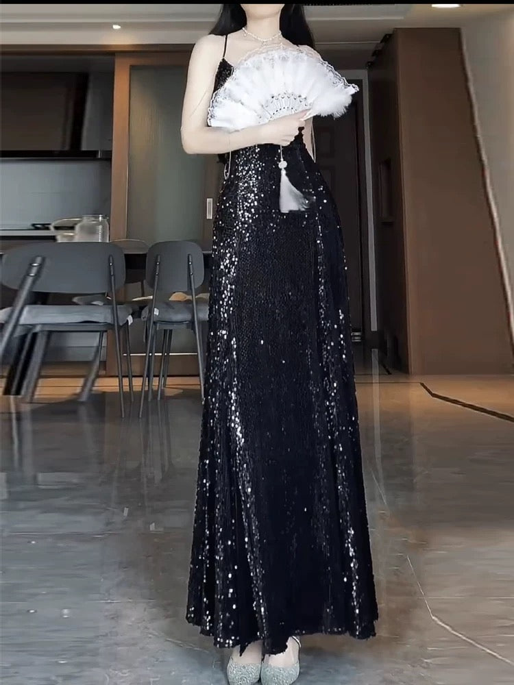 Sexy Mermaid Spaghetti Straps Sequin Black Long Prom Dresses