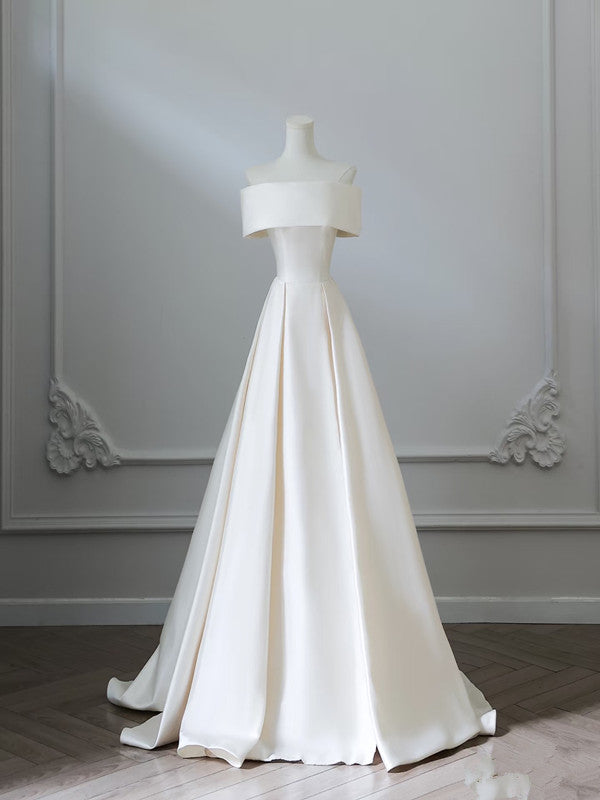 Simple A Line Off The Shoulder White Satin Bridal Dress Wedding dress With Ruffles