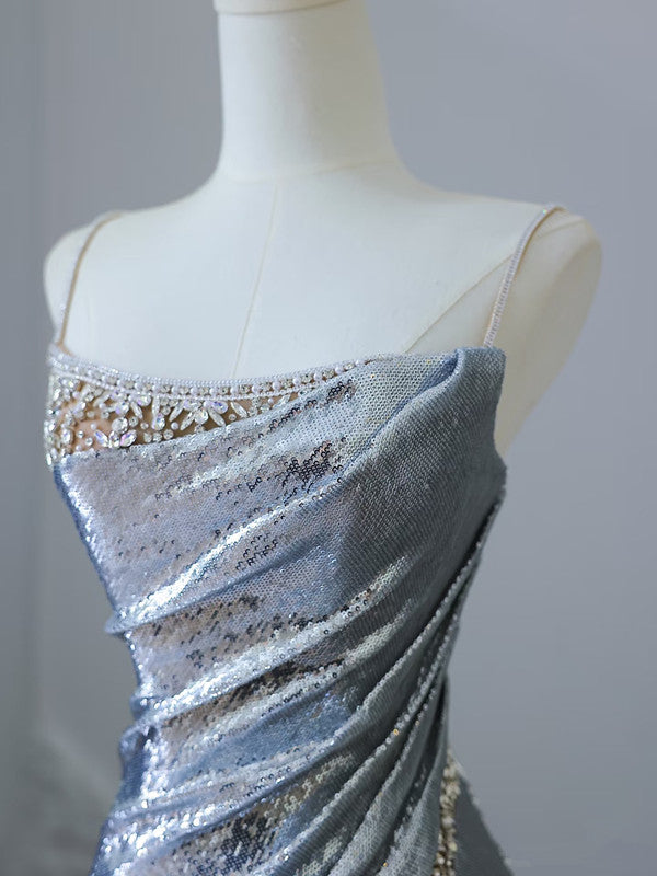 Sexy Mermaid Spaghetti Straps Silver Sequin Long Prom Dresses