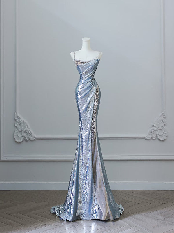 Sexy Mermaid Spaghetti Straps Silver Sequin Long Prom Dresses