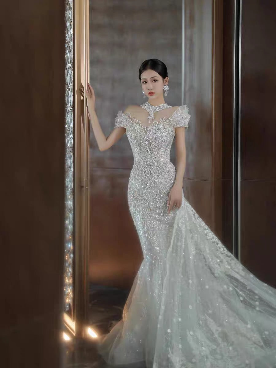Timeless Mermaid Off The Shoulder White Tulle Sequin Long Wedding Dresses