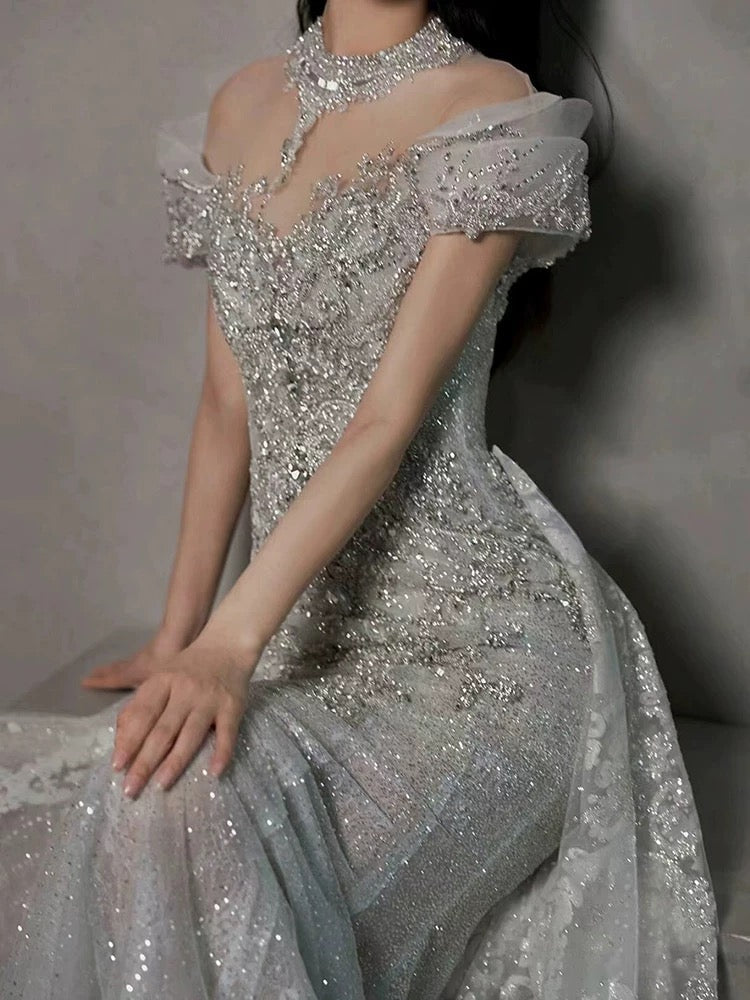 Timeless Mermaid Off The Shoulder White Tulle Sequin Long Wedding Dresses