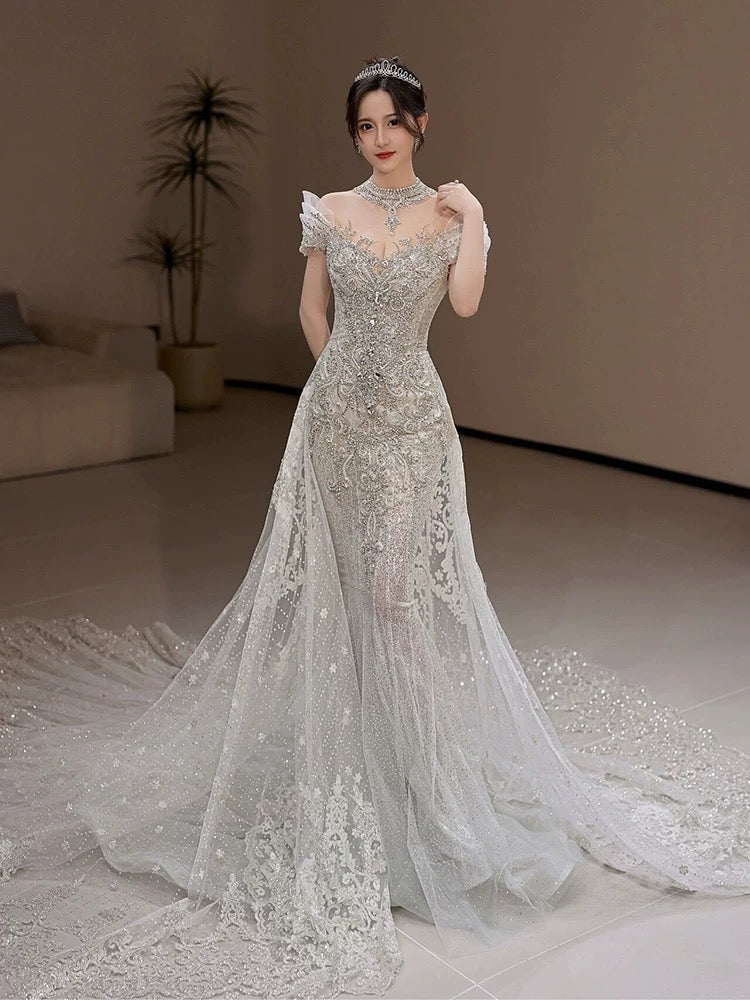 Timeless Mermaid Off The Shoulder White Tulle Sequin Long Wedding Dresses