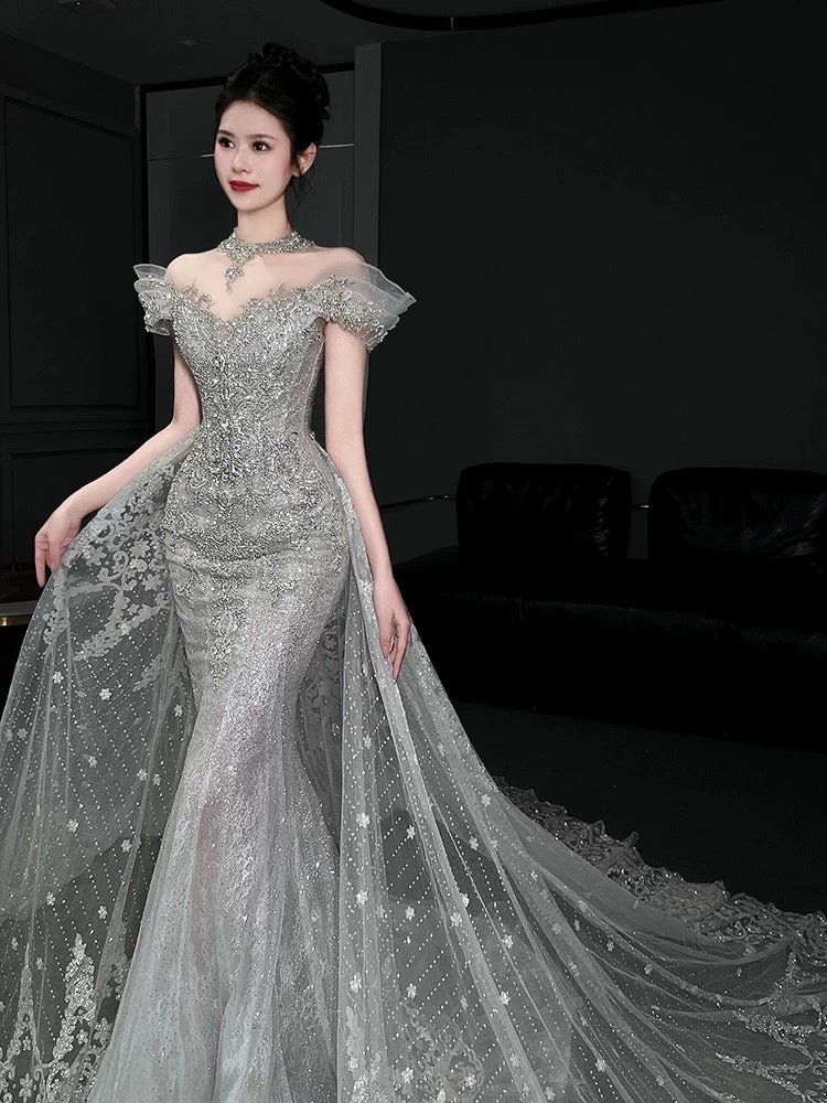 Timeless Mermaid Off The Shoulder White Tulle Sequin Long Wedding Dresses