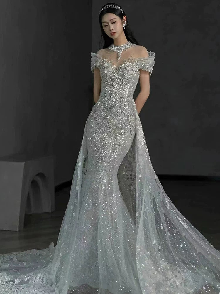 Timeless Mermaid Off The Shoulder White Tulle Sequin Long Wedding Dresses