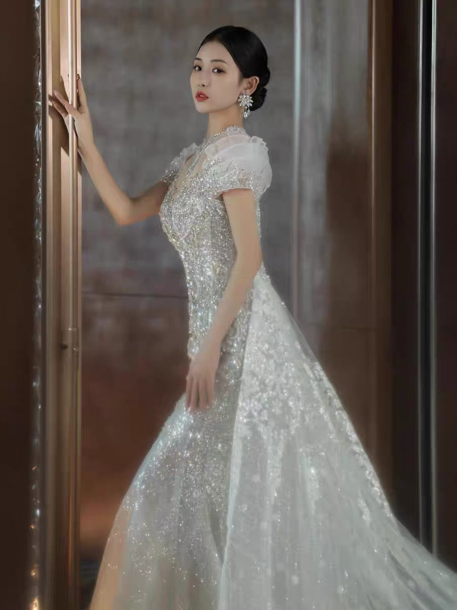 Timeless Mermaid Off The Shoulder White Tulle Sequin Long Wedding Dresses